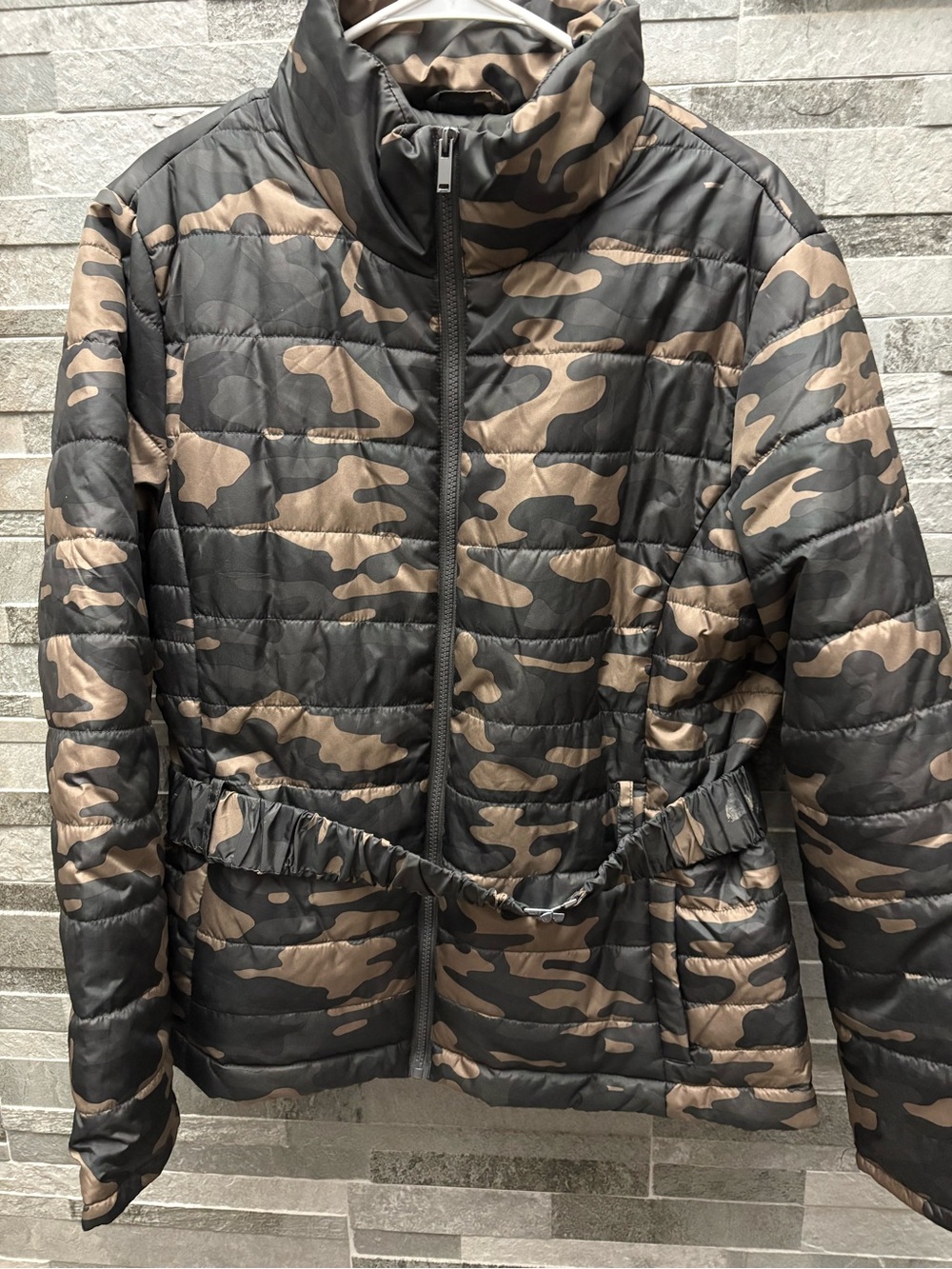 New York & Company Brown and Black Camo Quilted Puffer Jacket
